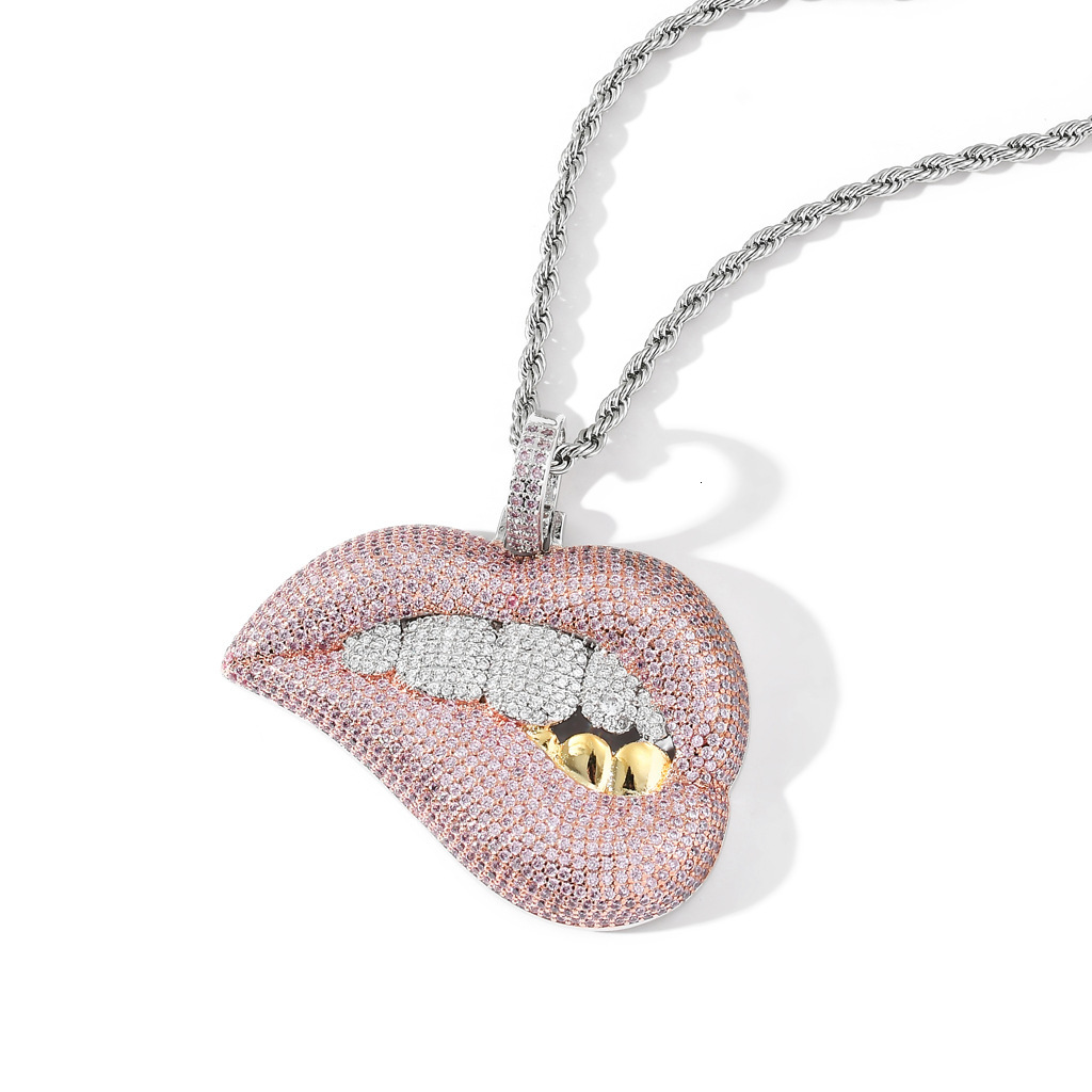 Luxury 3D Rotating Moissanite Sexy Lip Bite Iced Out Bling Pink Gem Trendy Hip Hop Statement Accessory Pass the diamond tester