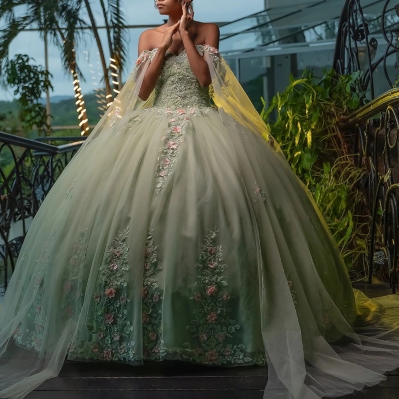Green Shiny Quinceanera Dresses Ball Gown 3D Floral Applique Beading Cape Sweet 16 Dress Vestidos De 15 Anos