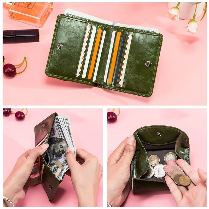 Contacts 100% Genuine Leather Wallet Green Women Small Coin Purse Mini Card Holder Wallets Mini Money Bag for Ladies Carteras 250623