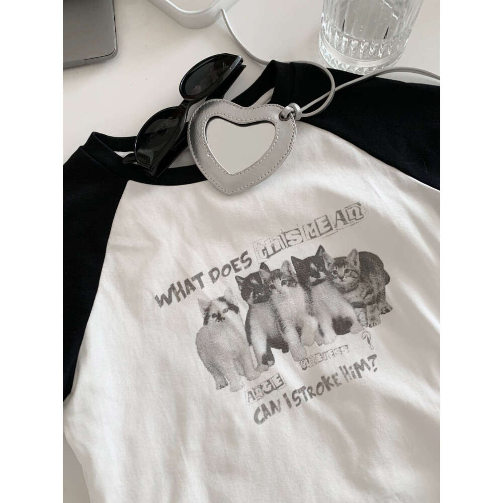 American Style Spicy Girl Raglan Sleeve Color Block Print T-Shirt Women New Summer Short Regular Shoulder Round Neck Top B5