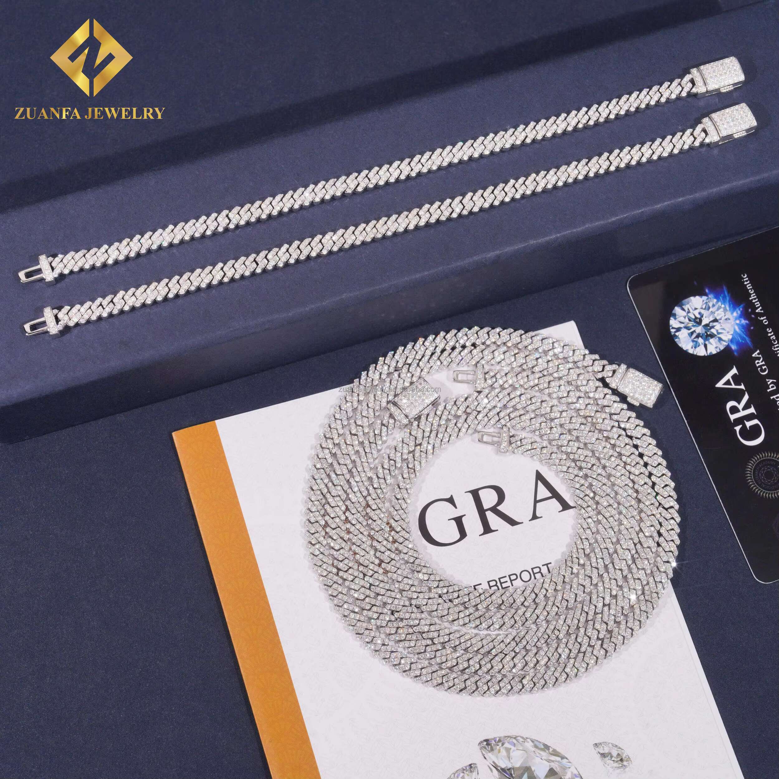Hot Sale 5mm Width One Row Iced Out Jewelry GRA Certificates Pass Diamond Tester Moissanite Cuban Link Chain Bracelet Set