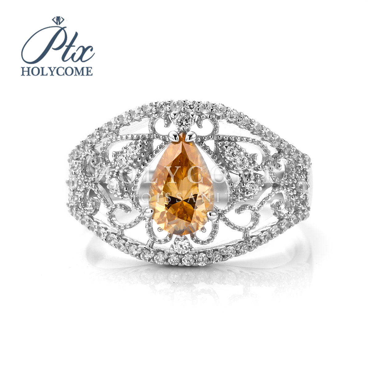 Classic Fine Jewelry 1Ct Moissanite Pear Champagne 925 Sterling Silver Wedding Ring Rhodium Plated Parties Anniversaries Ring for Women