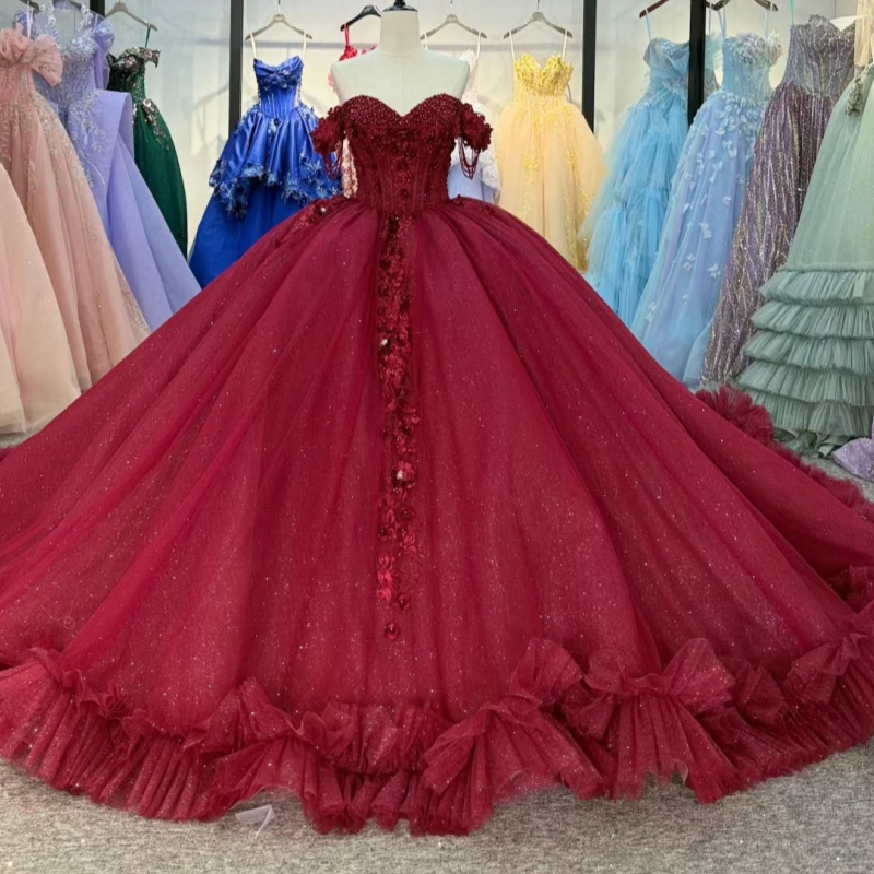 Red Quinceanera Dresses Ball Gown Off The Shoulder Applique Flower Beading Tull Corset Sweet 16 Dress Vestidos 15 De Anos