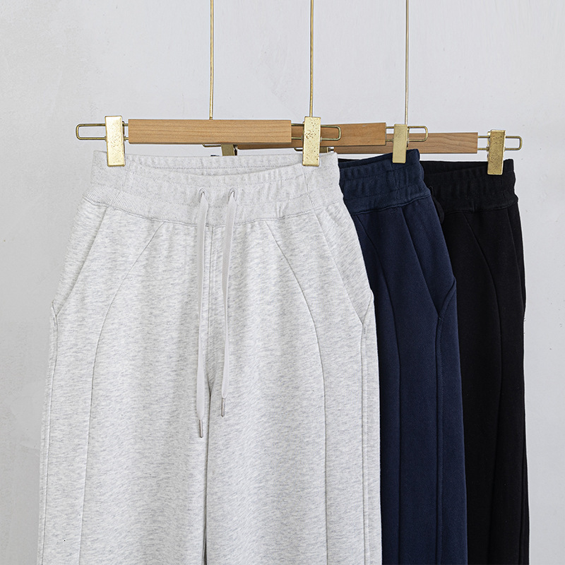 Autumn Winter Fleece Lined Sweatpants Mid-Waist Wide-Leg Casual Versatile Slimming Elastic Waist Straight-Leg Outdoor Warm Sports Pants