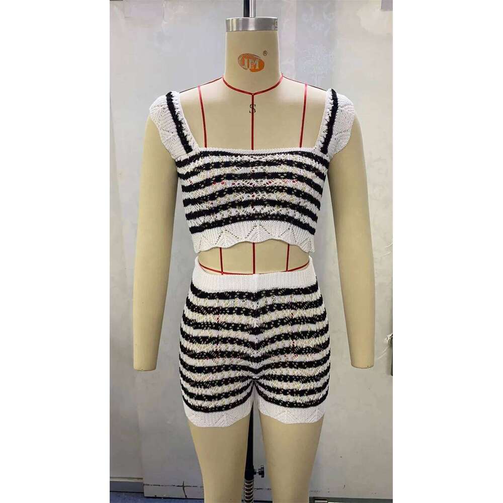 Crochet Bikini Set Knit Striped Swimsuit Women Sexy Tank Crop Top Two Pieces Beachwear 2023 Bathing Suit Swimwear Beach Cover-up