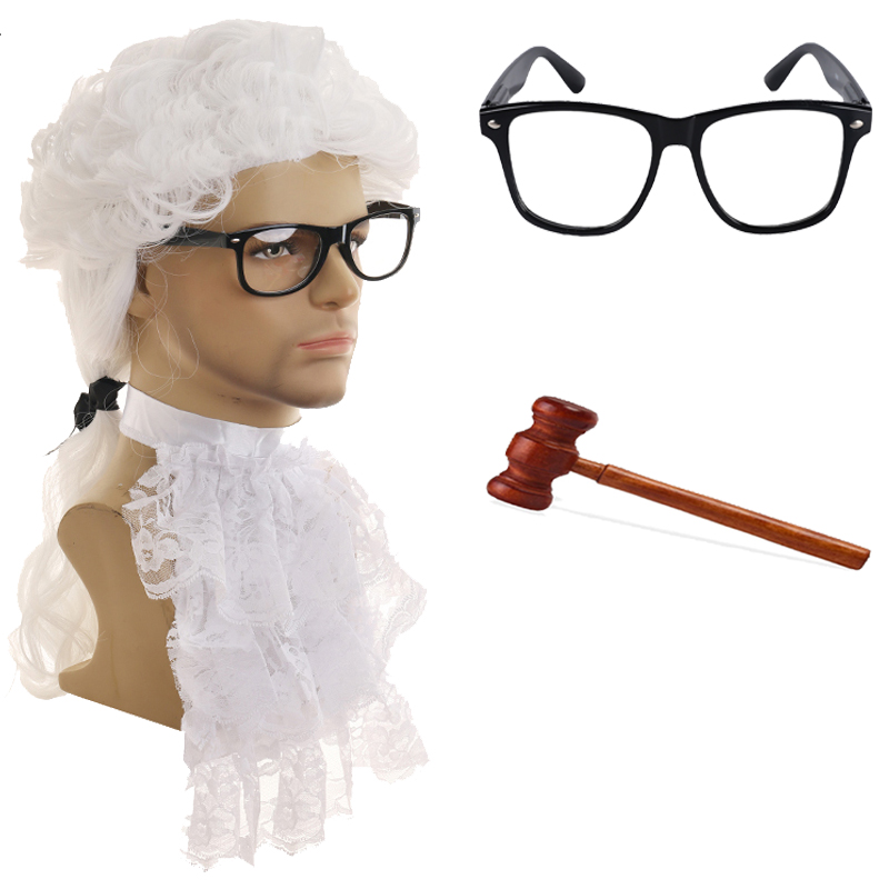 Judge Lawyer Long White Judge Curly Hair and Gray Marble Head Wig Synthetic Role Play Wig Women's Costume Wigs Judge Gavel Hammer Eyeglasses Acce