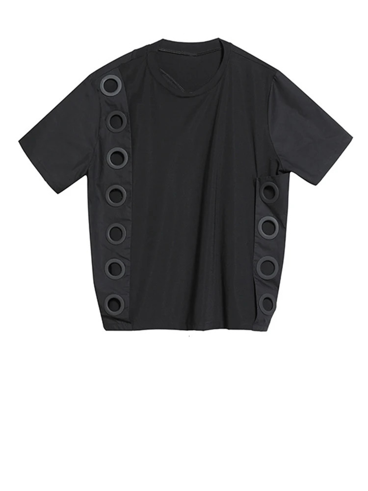 EAM Women Black Hollow Out Spliced Casual Big Size T-shirt Round Neck Short Sleeve Fashion Spring Summer 1DF4780 250614CJ