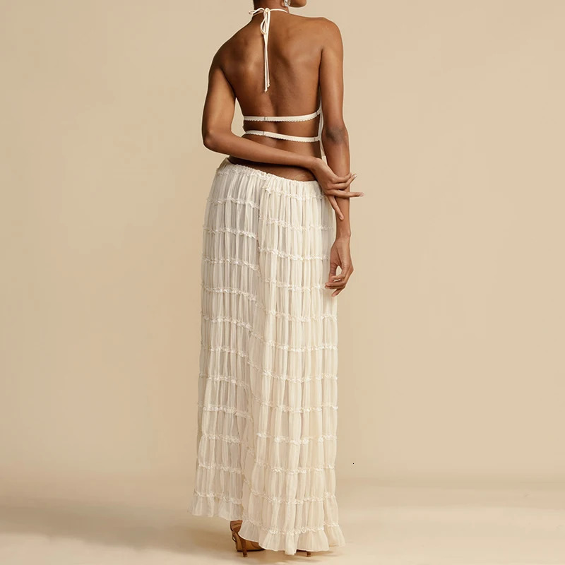 Women Boho Sexy Backless Matching Suit 2 Piece Beach Holiday Outfits Vintage Ruched Halter Cami Tops Maxi Long Skirt Party 250614