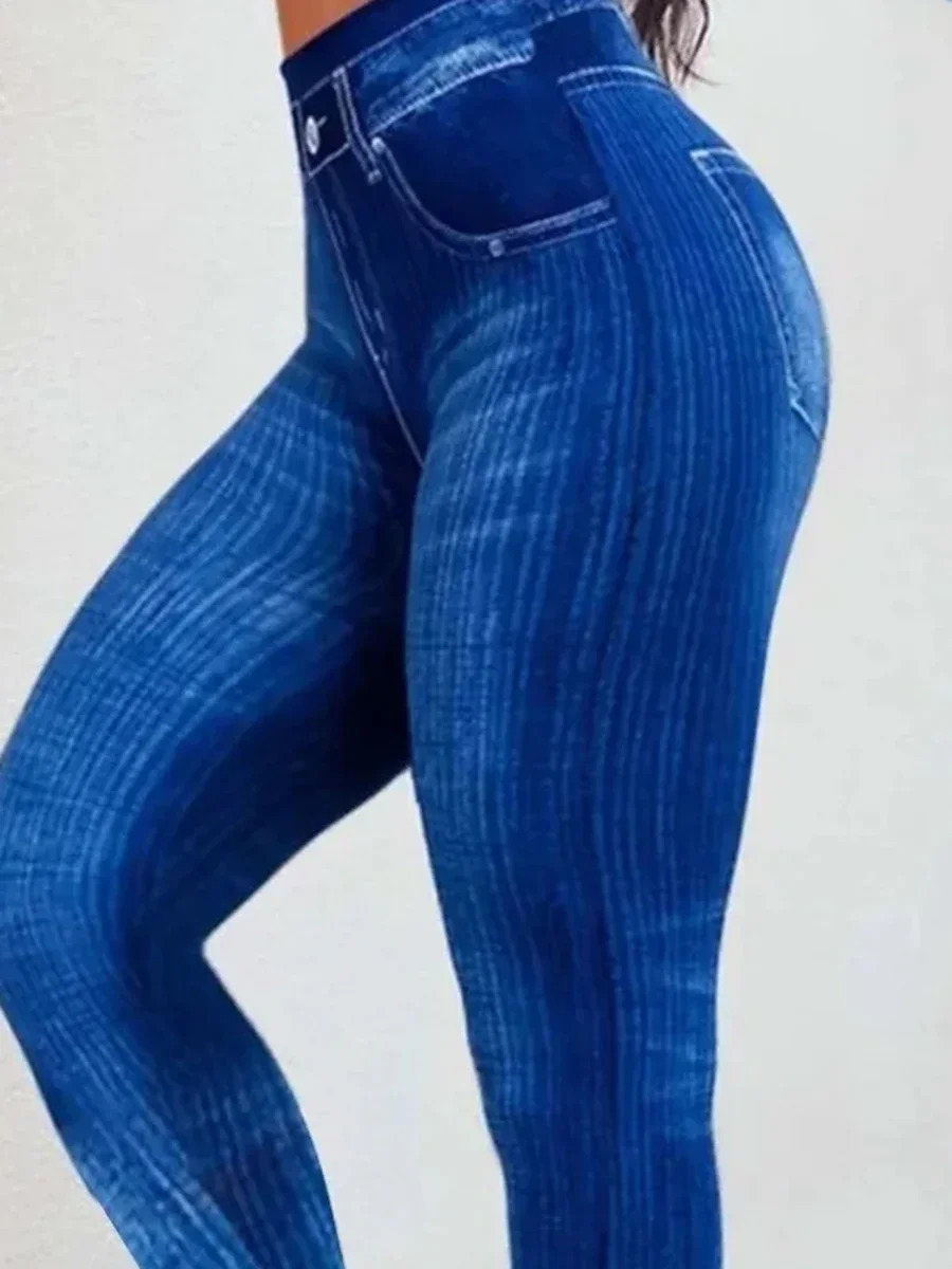 Fashion Plus Size 1XL5XL Womens Sporty Leggings Ladies Casual Denim Print Slight Stretch High Rise Leggings 250609