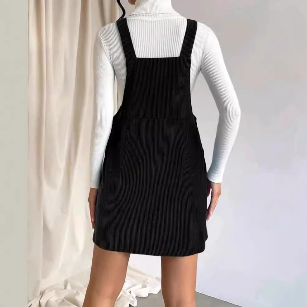 New Spring Corduroy Loose Sleeveless Strap Dress Solid Color Slip Dress 210413