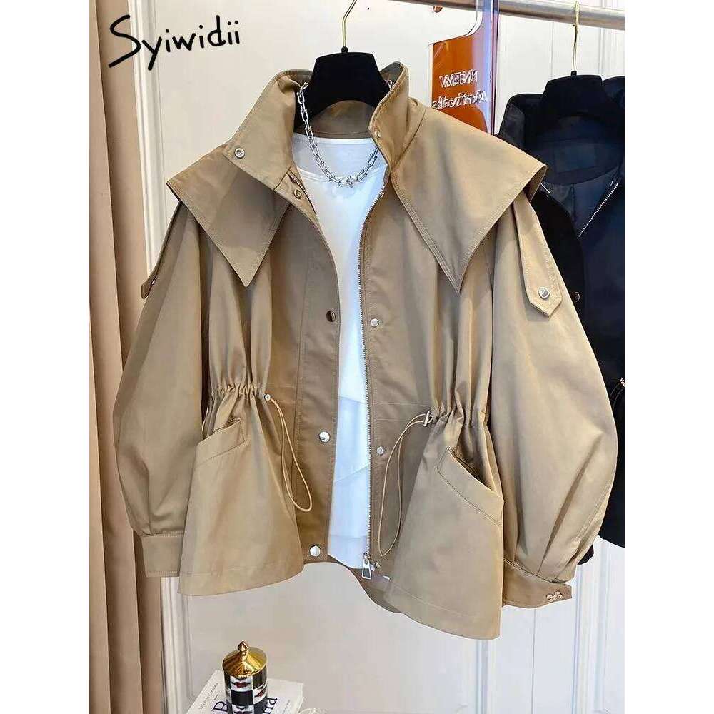 Syiwidii Jackets for Women Pocket Single Breasted Chic Casual Coat New Fashion Long Sleeve Zipper Drawstring Female Jacket