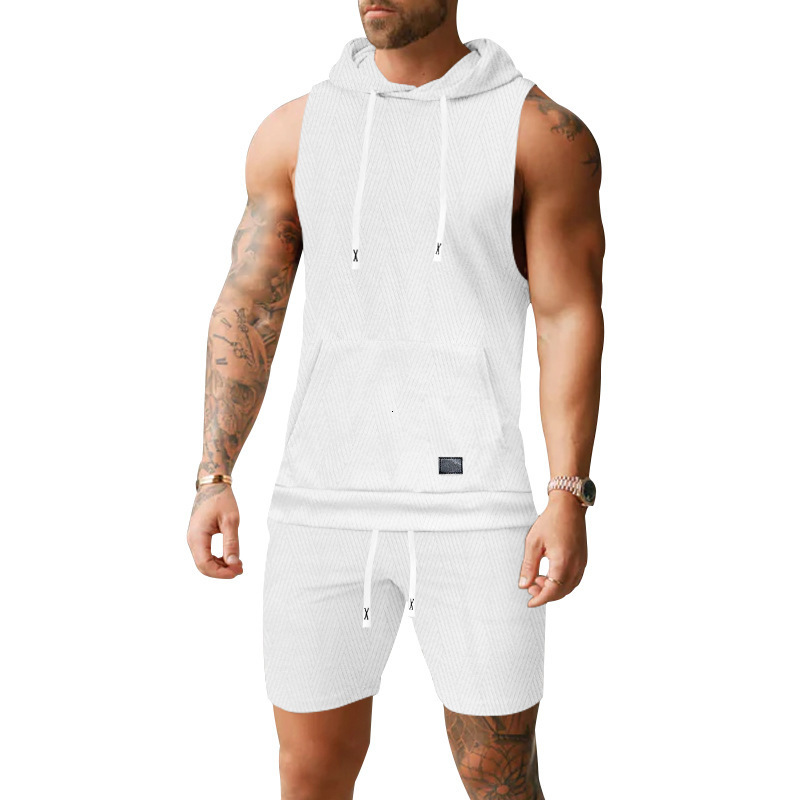 Designer men's sporty sleeveless solid color jacquard knitted hooded sleeveless European and American casual vest and shorts set