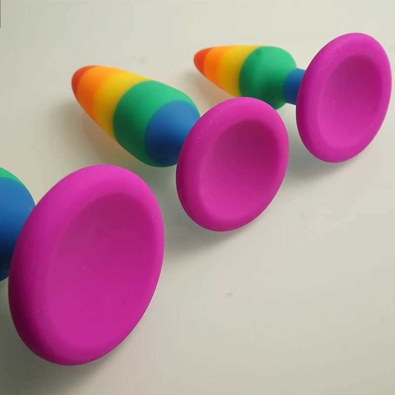 Rainbow Colors Butt Plugs Liquid Silicone Anal Plug with Suction Cup Base Sex Toys Anal Plug Buttplug Butplug W250624