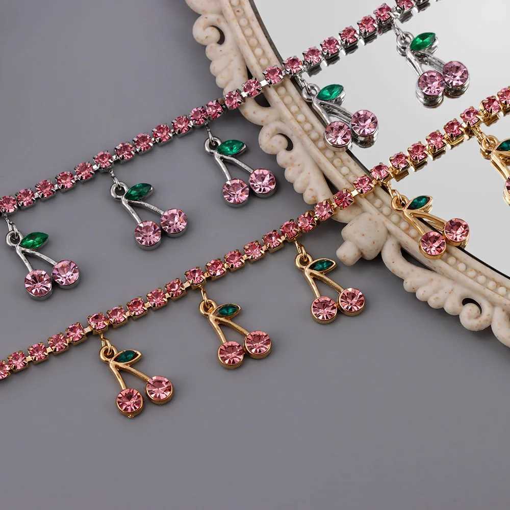 Bohemia Beach Crystal Cherry Chain Anklets For Women New Pink Rhinestone Cherrys Tennis Ankle Foot Bracelet Trendy Jewelry U250624