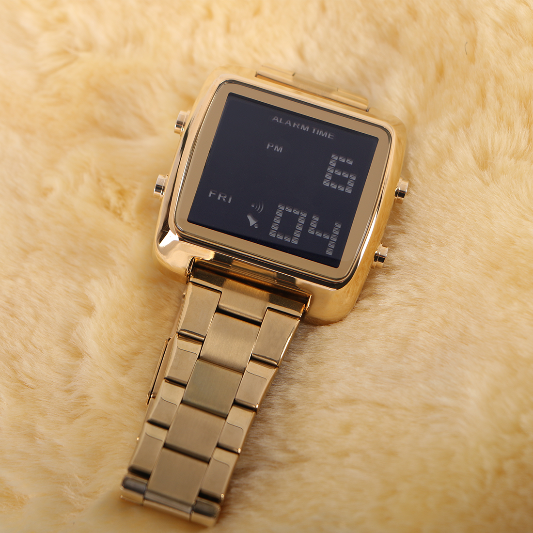 Multifunction LED Watch Stainless Steel Band Stopwatch Calendar Alarm Hourly Chime