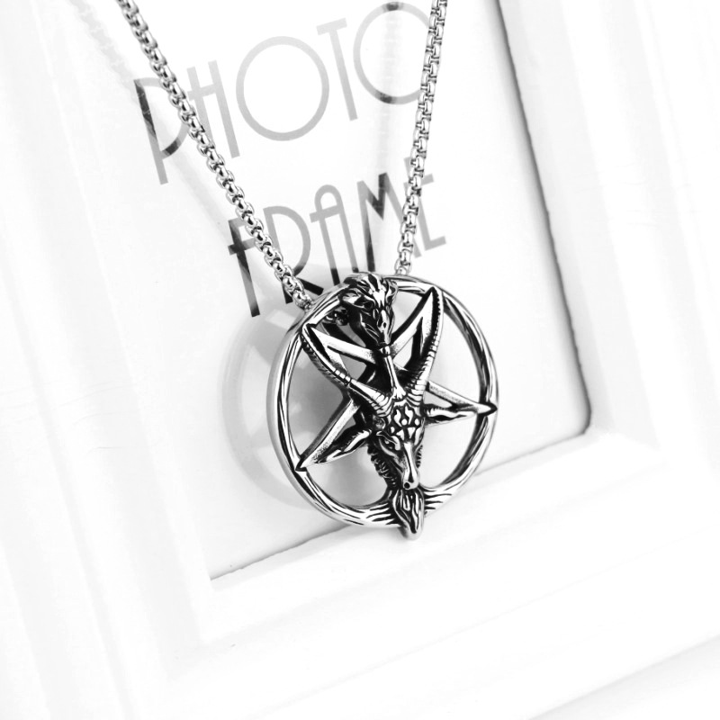 Retro Goat Round Brand Hexagonal Star Pendant Couple Hip-hop Stainless Steel Necklace Casual Literary Gift for Men and Women