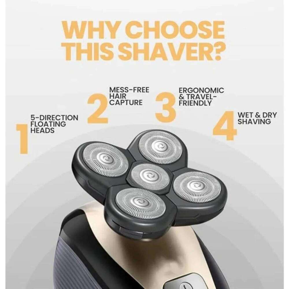 Men's Bald Razor 5 In 1 Waterproof Heads Sideburn Trimmer USB Rechargeable Electric Shaver Hair