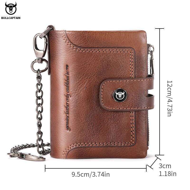 BULLCAPTAIN Men's Genuine Leather Business Retro Snap Wallet Multifunctional RFID Anti-Theft Zipper Multi-Card Coin Purse