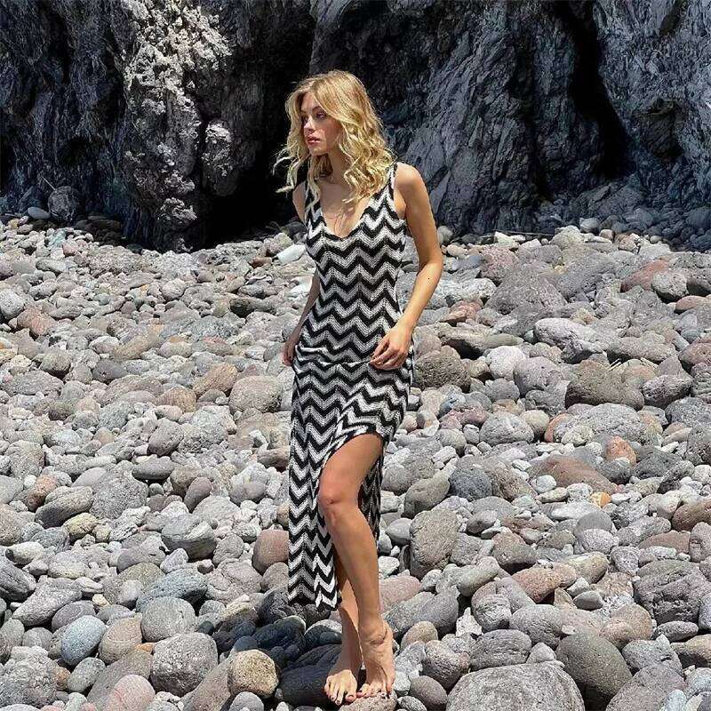 Women Striped Knit Swimsuit Bikini Cover up, Beach Cover-up, Sexy Deep V Backless Long Dress, Crochet Swimwear Sarong Female