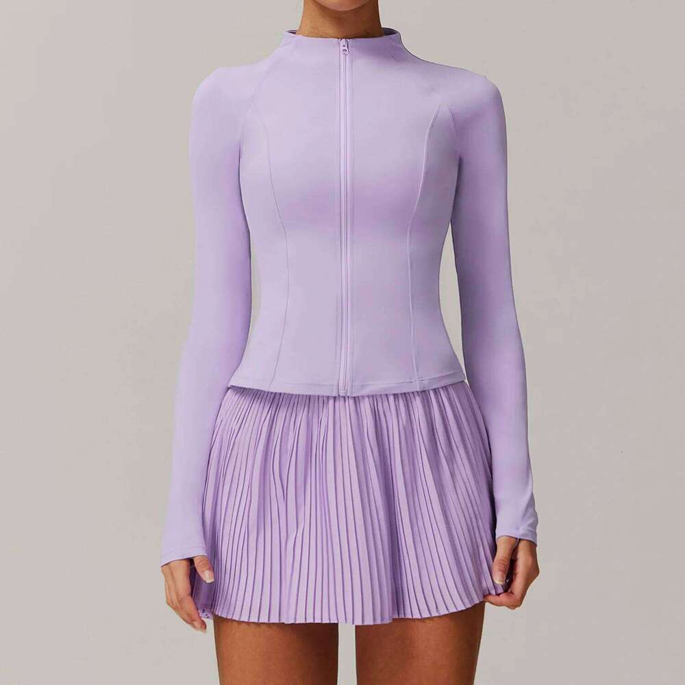 Yoga Workout Sets for Women 2 Pieces Gym Suits Long Sleeved Outfits Zipper Fiess Jacket Running Short Skirt Sportswear