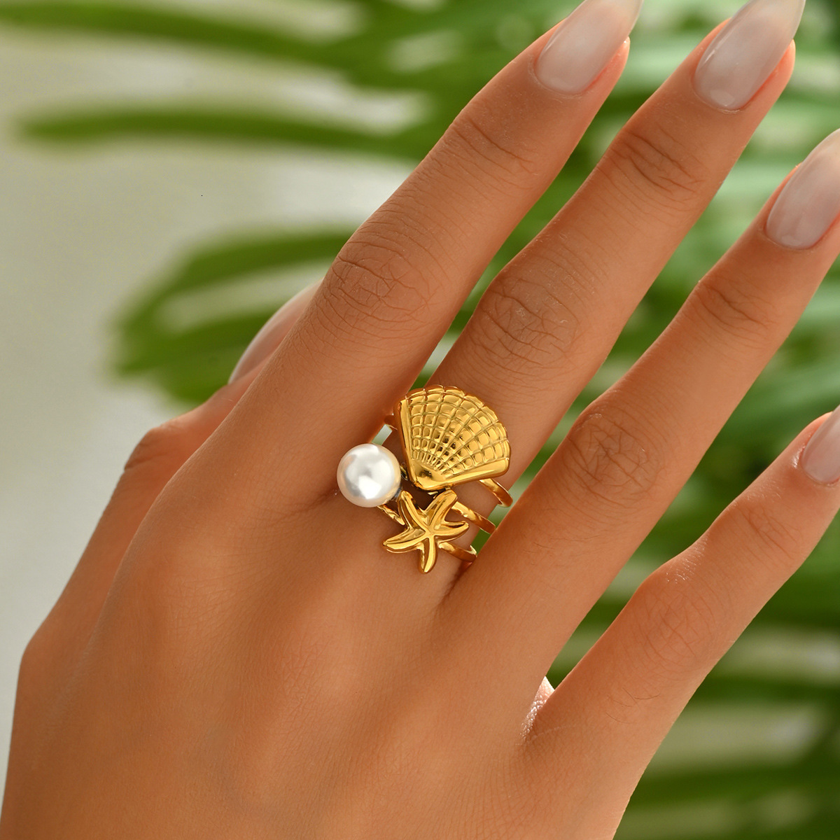 New Ocean Style Women's Personality Inlaid Pearl Shell Design Open Ring High-End Sense Jewelry