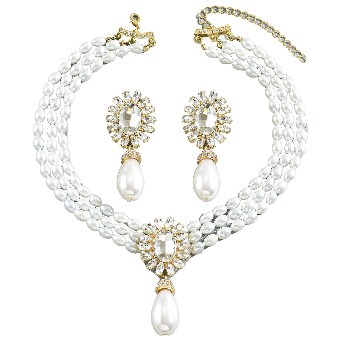 Light Style Women's Pearl Necklace And Earring Set Crystal Inlaid Multi-Layer Design Clavicle Chain For Women