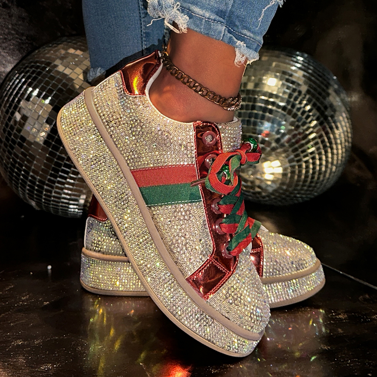 Fashion Sneakers Women Trend 2025 New Spring Autumn Platform Lace Up Rhinestone Women Casual Shoes Fashion Shiny Ladies Shoes High end luxury designer