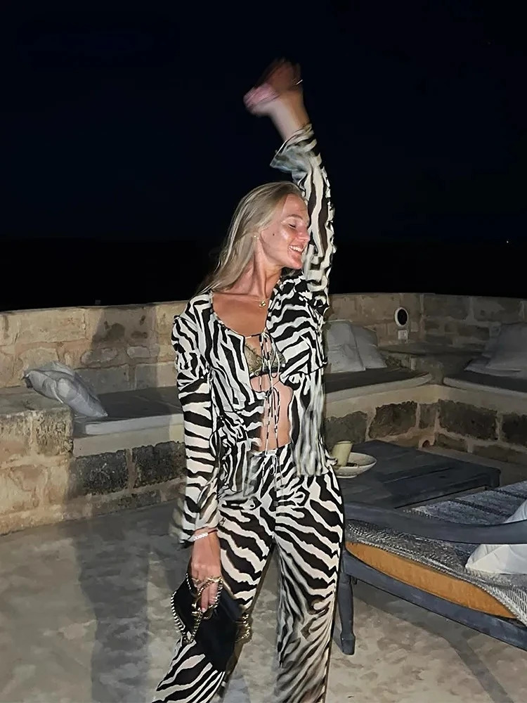 2023 Tracksuit Women Print Y2K Long Sleeve Top Shirts Bandage And Pants Sexy Two Piece Set Casual Outfits Party Clubwear 250616