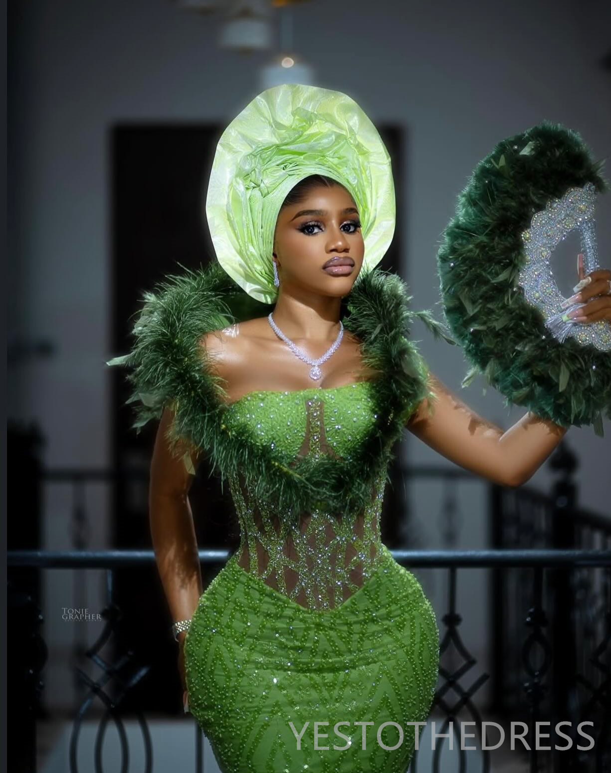 2025 Classic Green Aso Ebi Prom Dress Mermaid Prom Dresses Evening Formal Gowns Feather Portrait Beaded Lace Crystals Birthday Dress Second Reception 