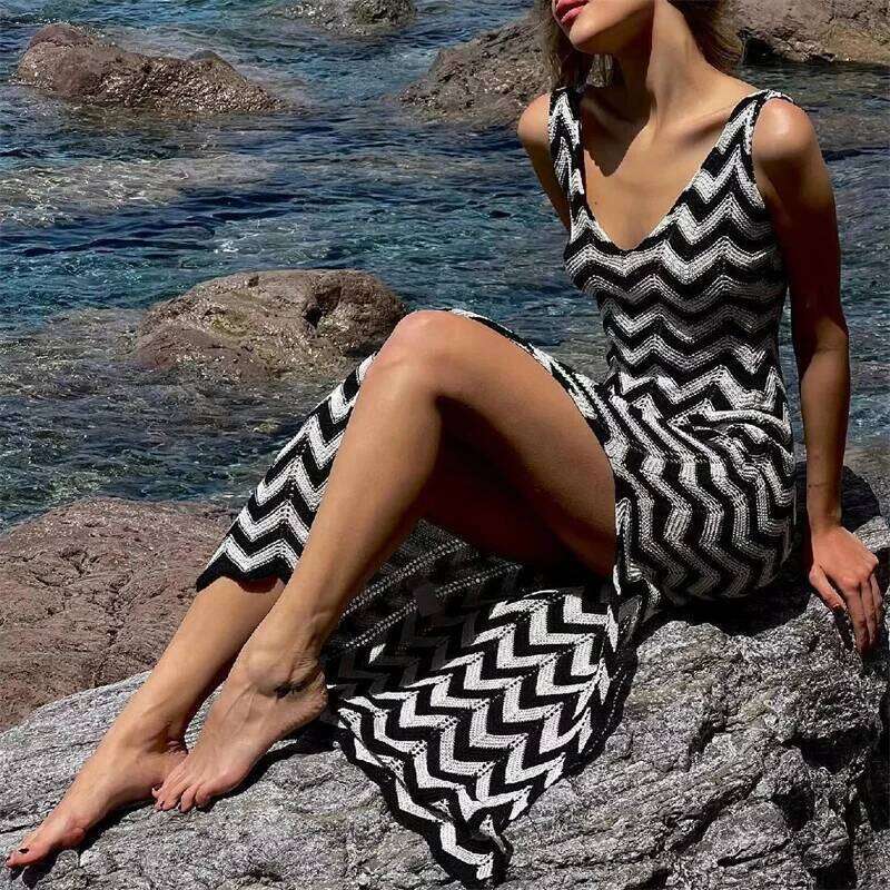 Women Striped Knit Swimsuit Bikini Cover up, Beach Cover-up, Sexy Deep V Backless Long Dress, Crochet Swimwear Sarong Female