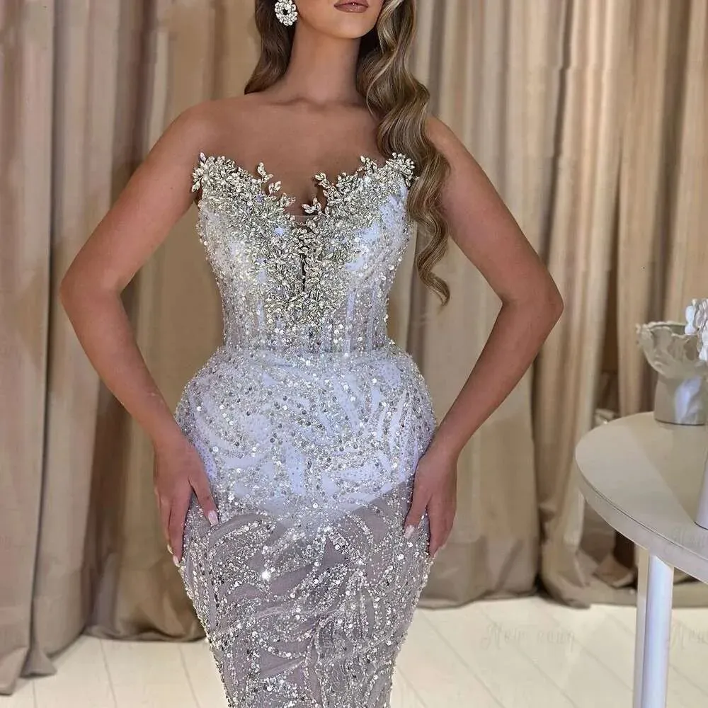 Gorgeous Strapless Sleeveless Mermaid Evening Dresses Crystal Party Gown Sequins Lace Sweep Train Prom Dress Customized