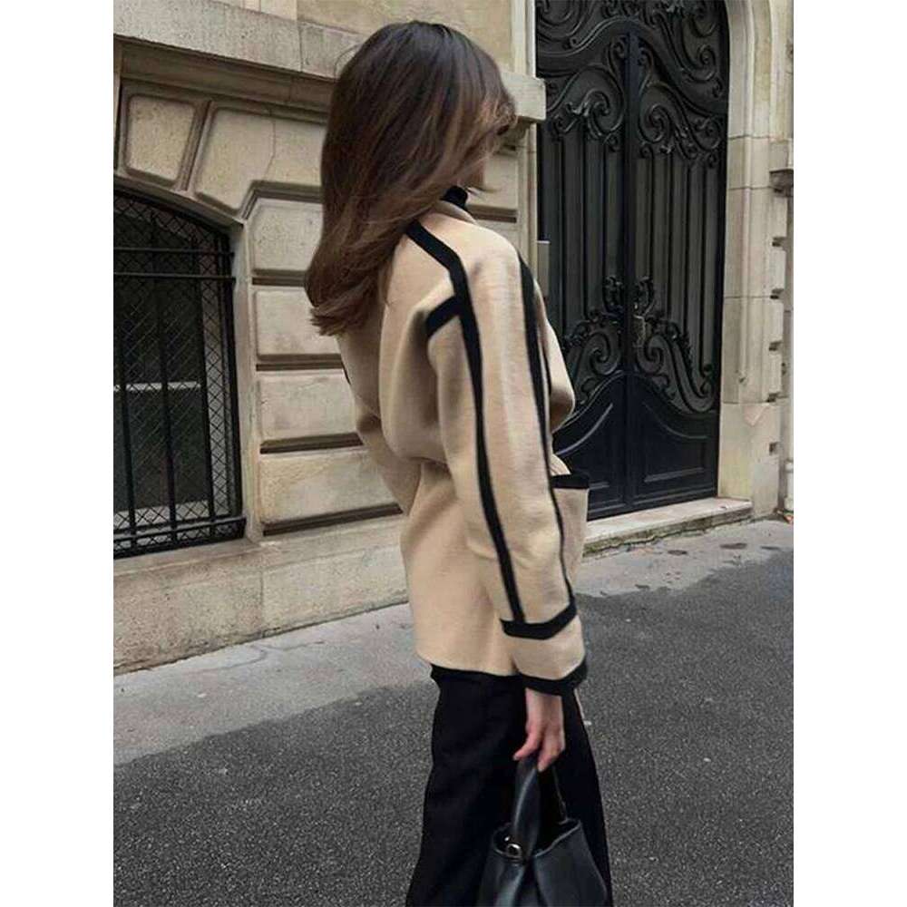 New Spliced Contrast Woolen Coat Women Long Sleeve Thicken Jacket with Belt Pockets 2025 Spring Casual Ladies Commuter Outwear