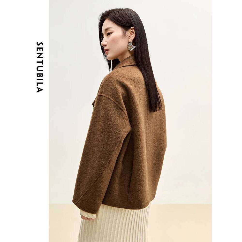 SENTUBILA Winter Short Woolen Jackets Women Outerwear 2024 Fashion Notched Collar Double Breasted Loose Coats Female W44o56123