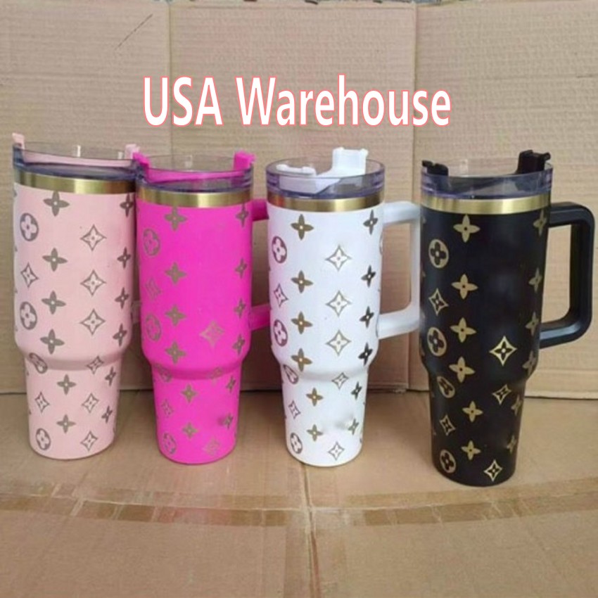 US Stock Designer 40Oz Cup Tumbler Handle Straw 304 Stainless Steel Car Cups With Lid For Valentines Gift Box 3 Days Delivery