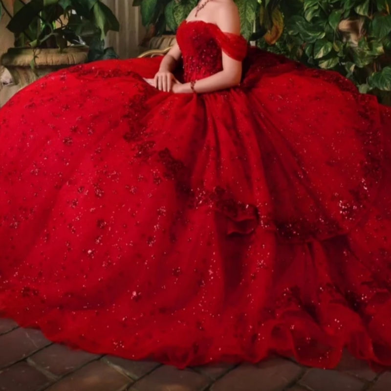 2025 Red Shiny Quinceanera Dresses Ball Gown Sequin Lace Applique Crystal Beaded Tull Sweet 16 Dress Vestidos De 15 Anos
