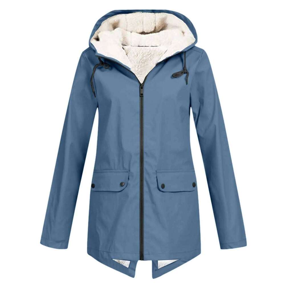 Women Plush Thicken Solid Zipper Windproof Raincoat Outdoor Hooded Jacket Autumn Winter Camping Climbing Clothes