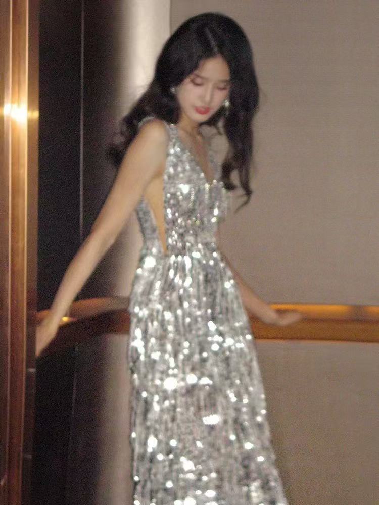 Silver tassel sequined bridal toasting dress 2025 new style elegant banquet high-end V-neck mermaid evening gown for women