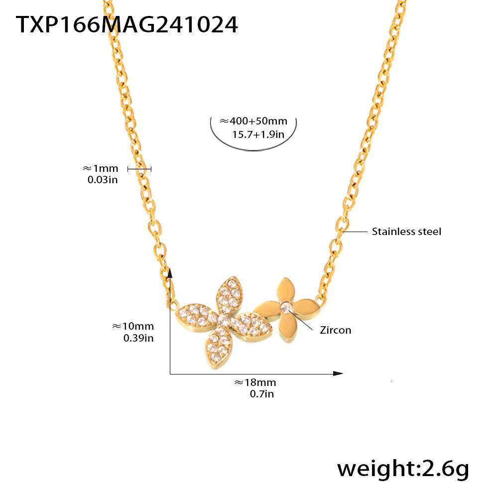 DHcollections Ins Zircon Four-Leaf Flower Double-Layer Collarbone Necklace Bracelet For Women, Stainless Steel Pvd Electroplated Set
