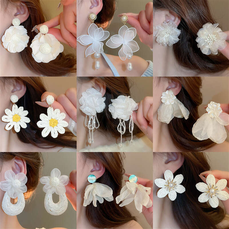 Sier Needle Pearl Mesh Flower Tassel Spring Summer Fresh Sweet Earrings Super Fairy Pure Desire Fashion Ear Jewelry