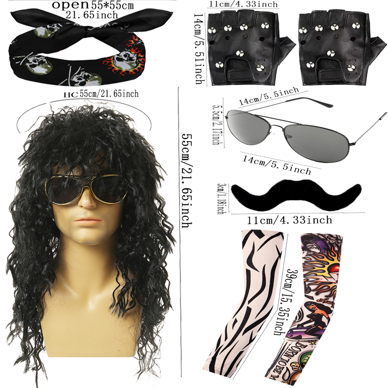 Punk Rock Heavy Metal Fashion Wigs Cool Glasses Bandanas Beards, Tattoo Sleeves, Long Curved Wigs for Holiday Shows Punk Gloves, Vintage Punk Themed E
