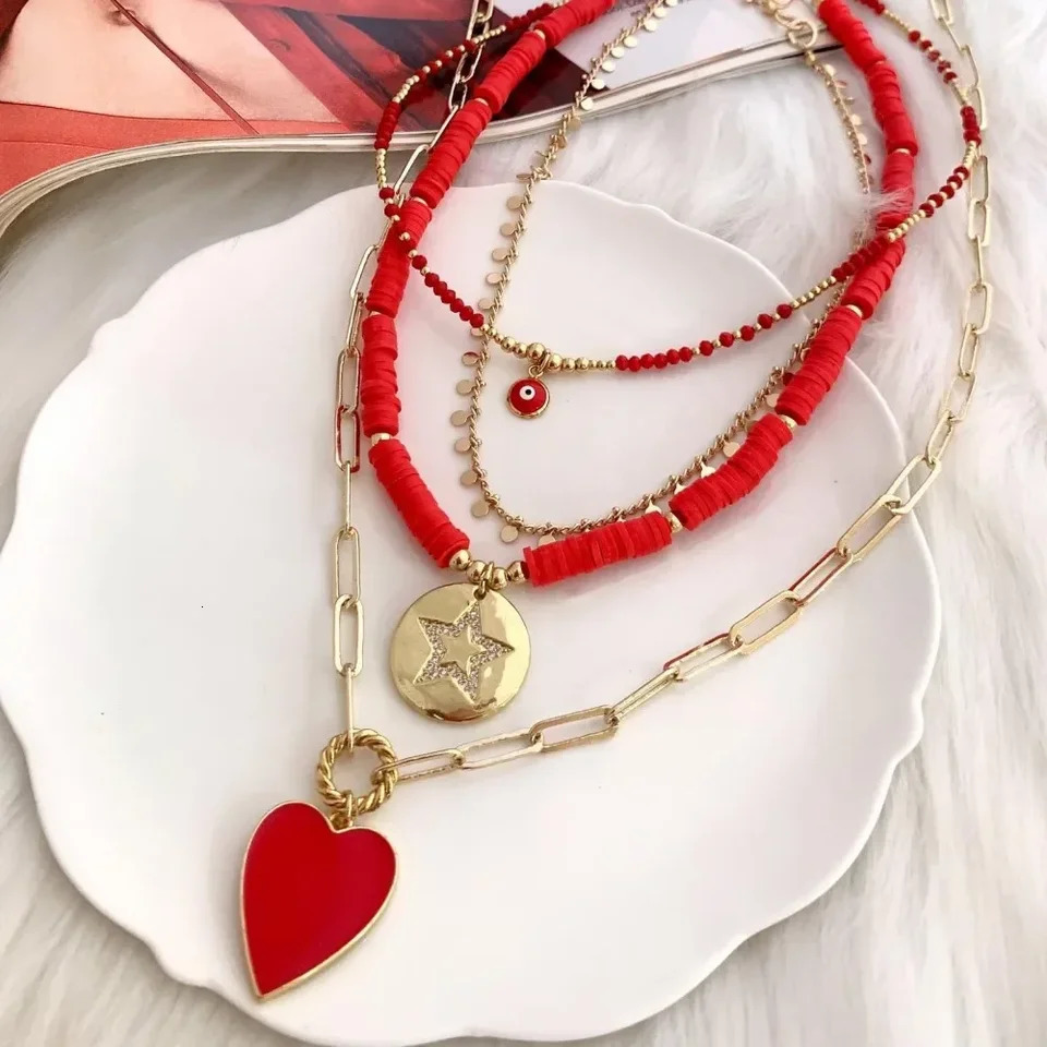 KKBEAD Zircon Star Red Heart Pendant Necklace Choker for Women Gift Jewelry Polymer Clay Disc Beads Necklaces Jewellery 250530