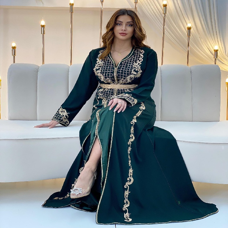 Traditional Albanian Green Prom Dress 2025 Gold Embroidery Caftan Moroccan Evening Dress Abaya Formal Occasion Takchita Vestio De Novias Dubai Robe De