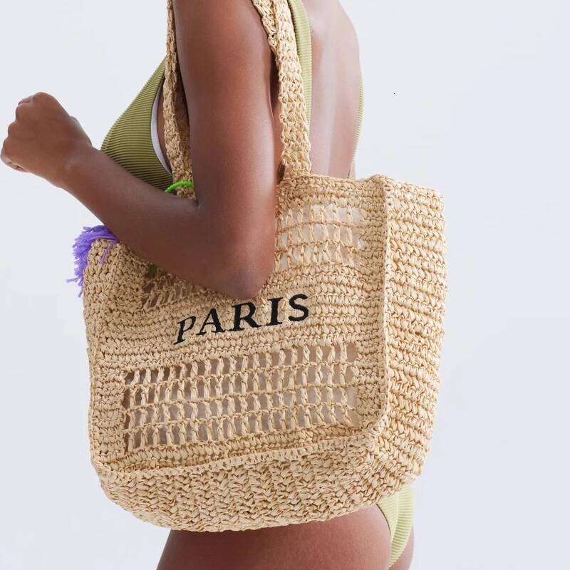 Casual Hollow Letters Straw Shoulder Bags For Women Paper Woven Large Tote Handmade Summer Beach Bag Big Shopper Purses 2024