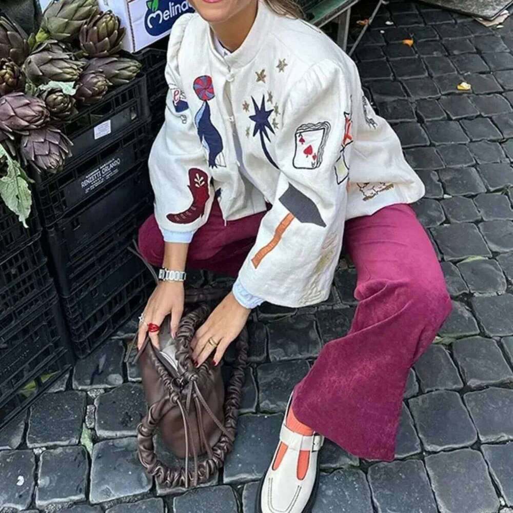 Spring Vintage Printed Coat For Women Casual Stand Collar Single Breasted Long Sleeve Jacket Female Fashion Overcoat