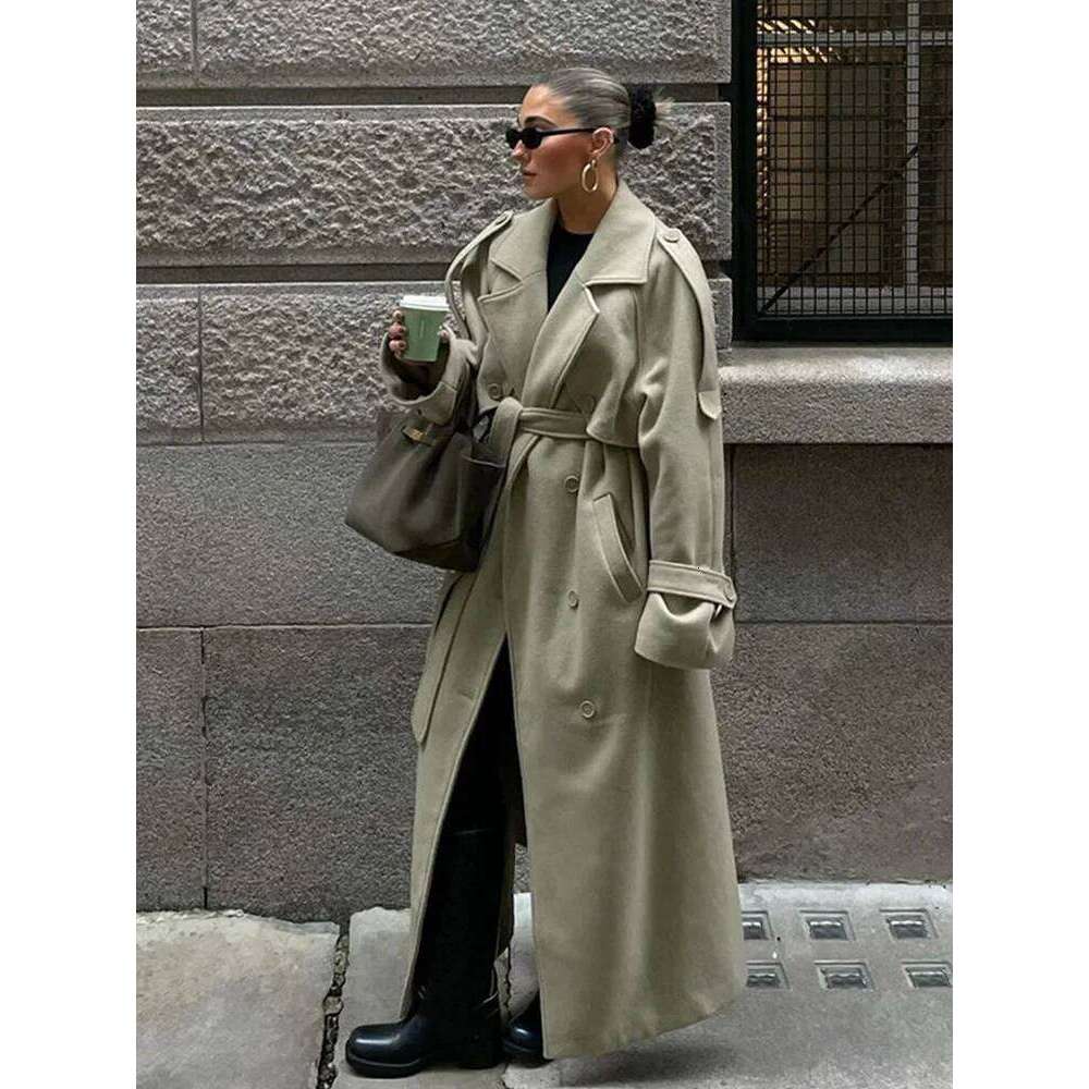 Lapel Woolen Long Coat Women Casual Double Breasted Pockets Shoulder Pads Female Coats 2024 Antumn Winter Thick Warm Lady Jacket