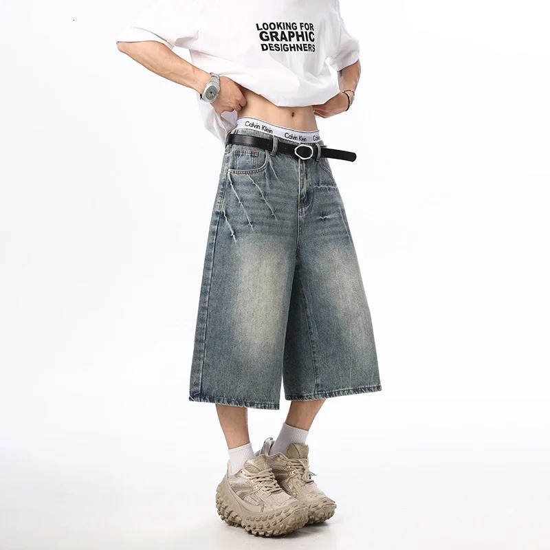Y2k Oversized Mens Wide Shorts Summer Vintage Loose Calf-length Denim Pants Lightning Cracked Washed Baggy Jeans Streetwear 250617