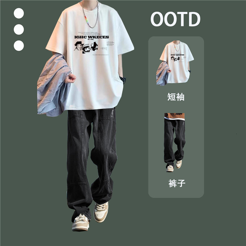 Summer Burgundy Heavy Short Sleeve Men's Youth Short Sleeve Long Pants Stylish European and American Three-Piece Set Men's Fashion Suit