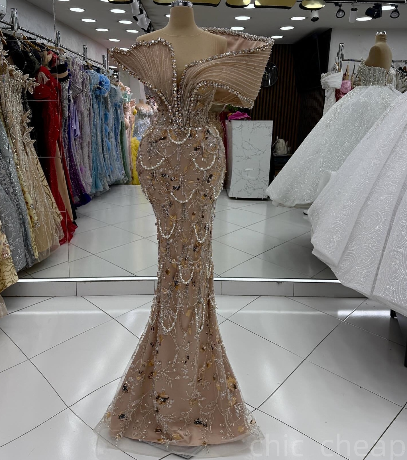 Champagne Mermaid Prom Dresses 2025 Pearls Rhinestones Floral Lace Evening Formal Party Second Birthday Engagement Gowns Plus Size Dress For Special O