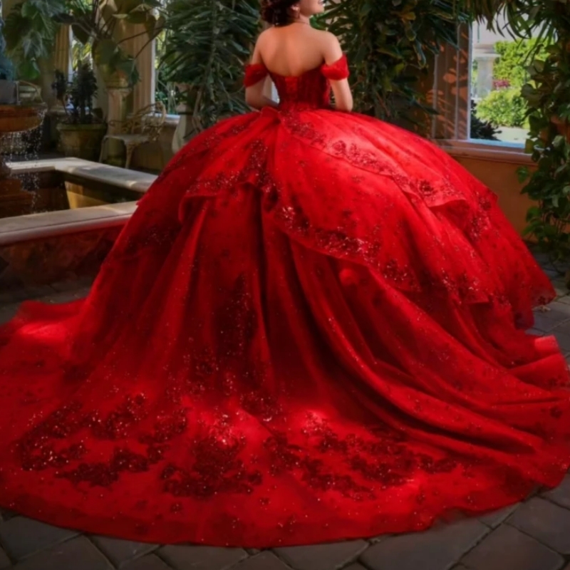 2025 Red Shiny Quinceanera Dresses Ball Gown Sequin Lace Applique Crystal Beaded Tull Sweet 16 Dress Vestidos De 15 Anos