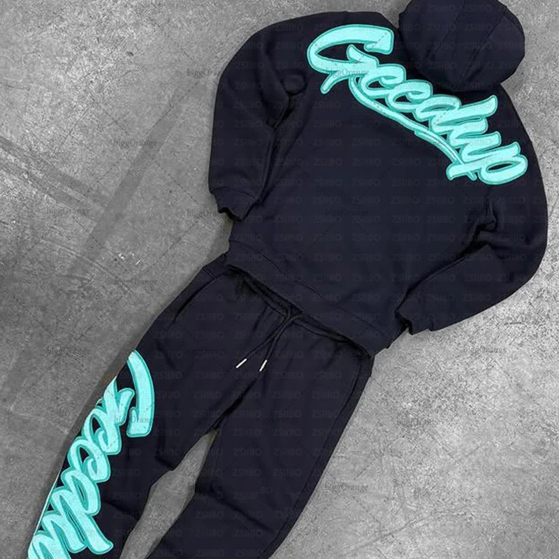 High Street Trendy Streetwear Mens Set Harajuku American Retro Classic Hoodie Women HipHop Gothic Casual Sweatpants 250616